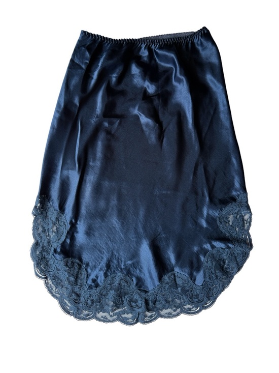 Other - Vintage Navy Blue Satin Slip Skirt W Lace Trim Size Small